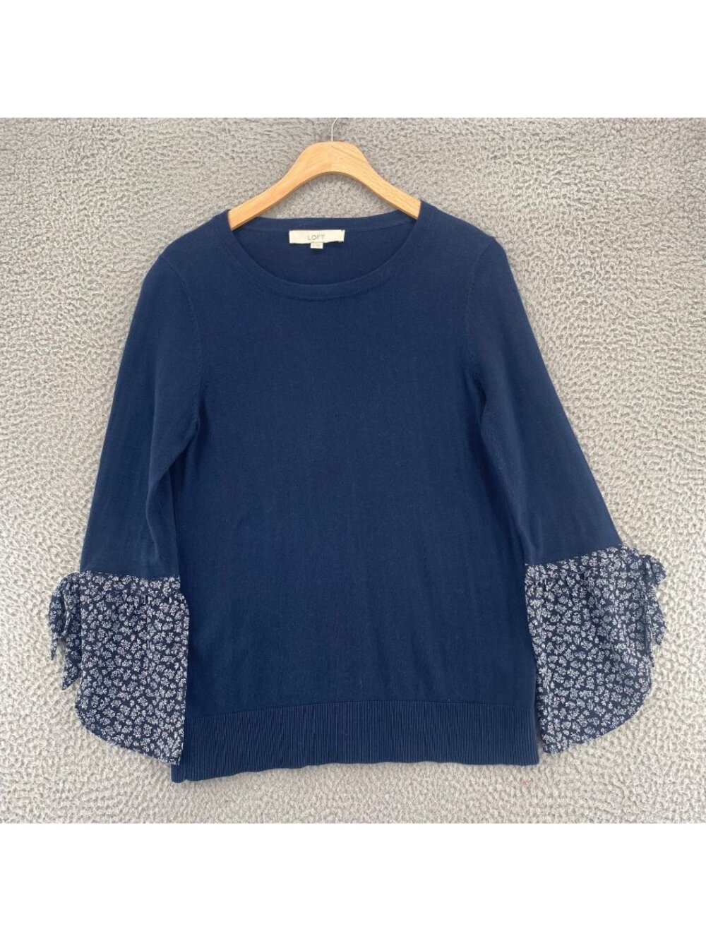 LOFT Top Womens Small Navy Stretch Cotton Knit Sweater Floral 3/4 Flutter Sleeve